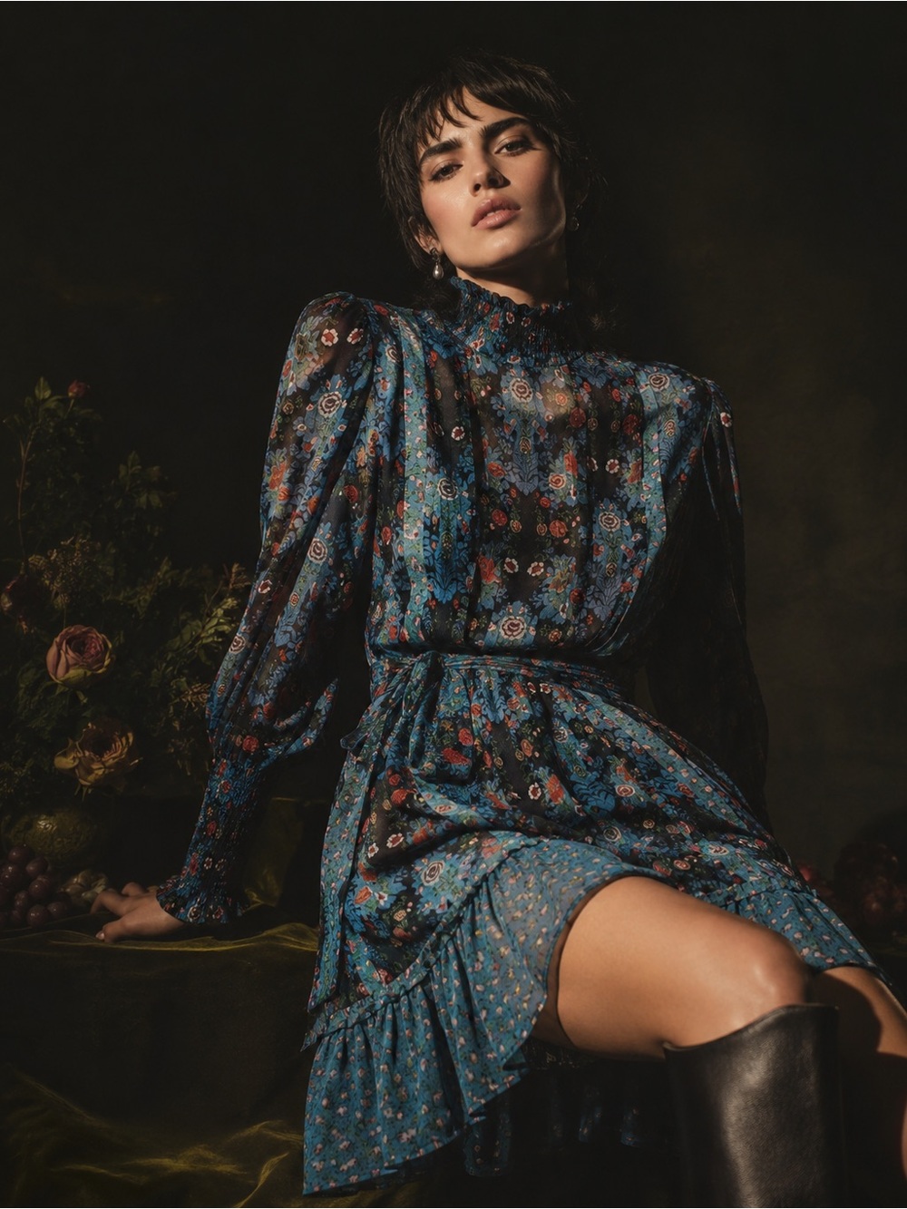 Farm Rio Arabesque Floral Long-Sleeve High-Neck Mini Dress